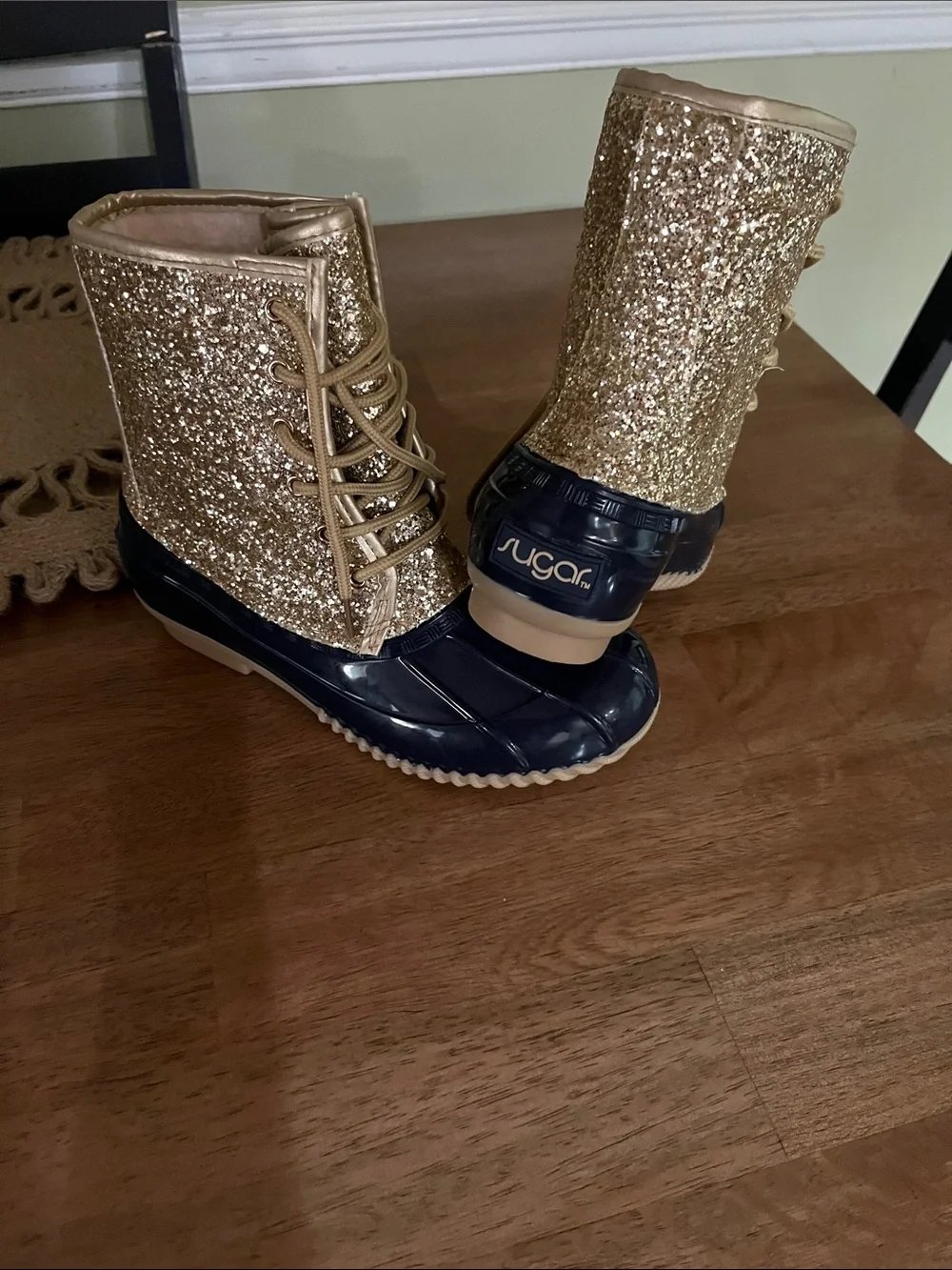 Sugar Women's Navy and Gold Glitter Duck Boots